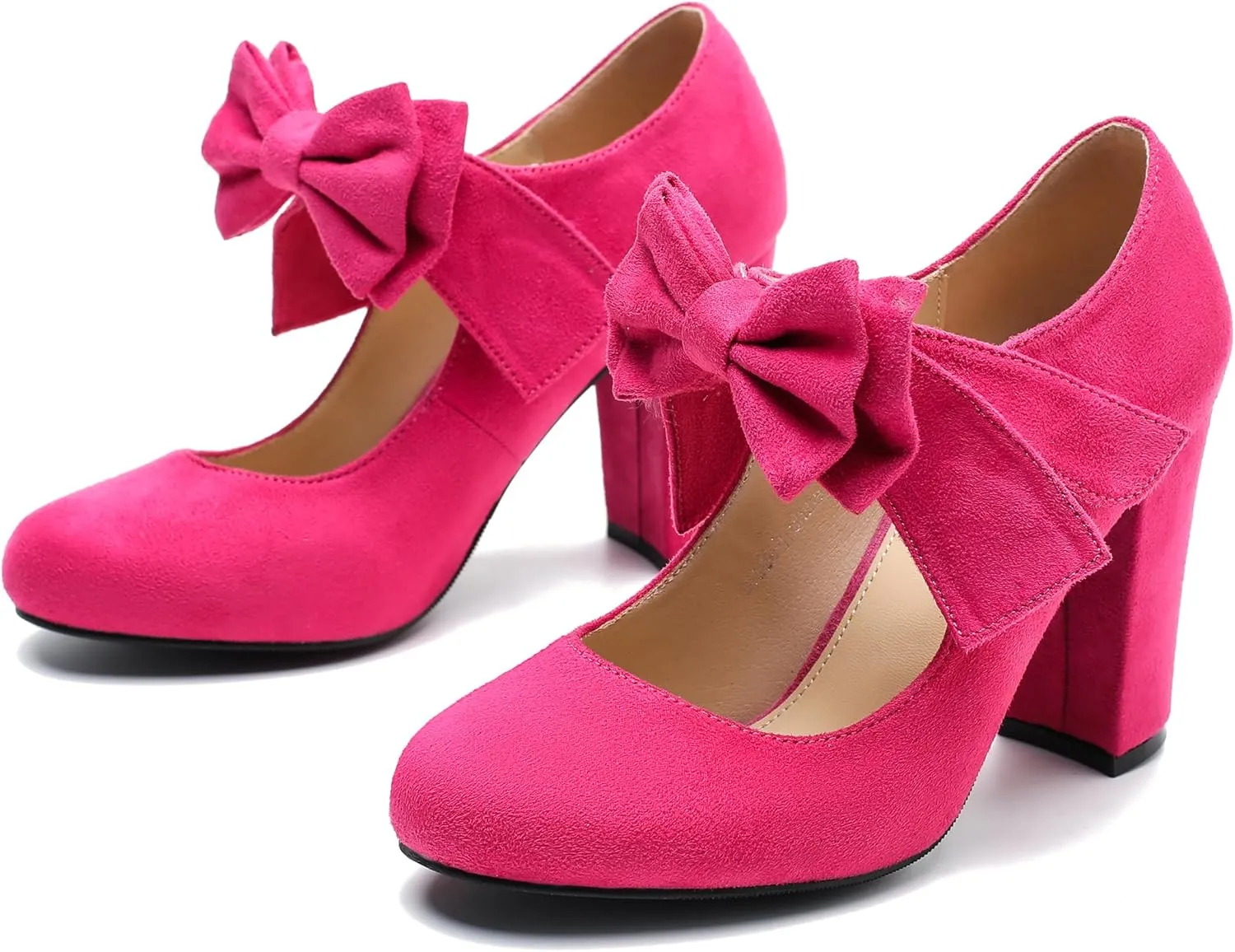 MAIERNISI JESSI Women's Bowknot Mary Jane Block Heel Round Pumps Closed Toe Dress Shoes