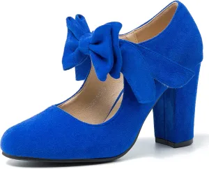 MAIERNISI JESSI Women's Bowknot Mary Jane Block Heel Round Pumps Closed Toe Dress Shoes