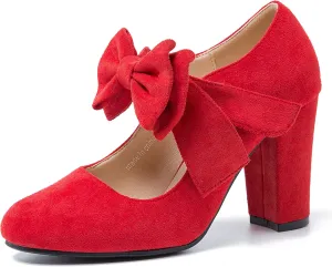 MAIERNISI JESSI Women's Bowknot Mary Jane Block Heel Round Pumps Closed Toe Dress Shoes
