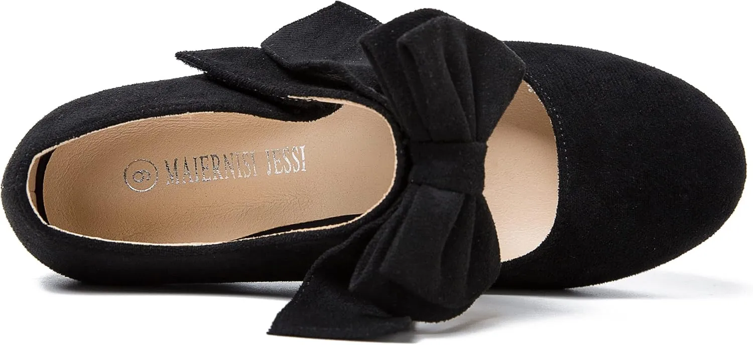 MAIERNISI JESSI Women's Bowknot Mary Jane Block Heel Round Pumps Closed Toe Dress Shoes