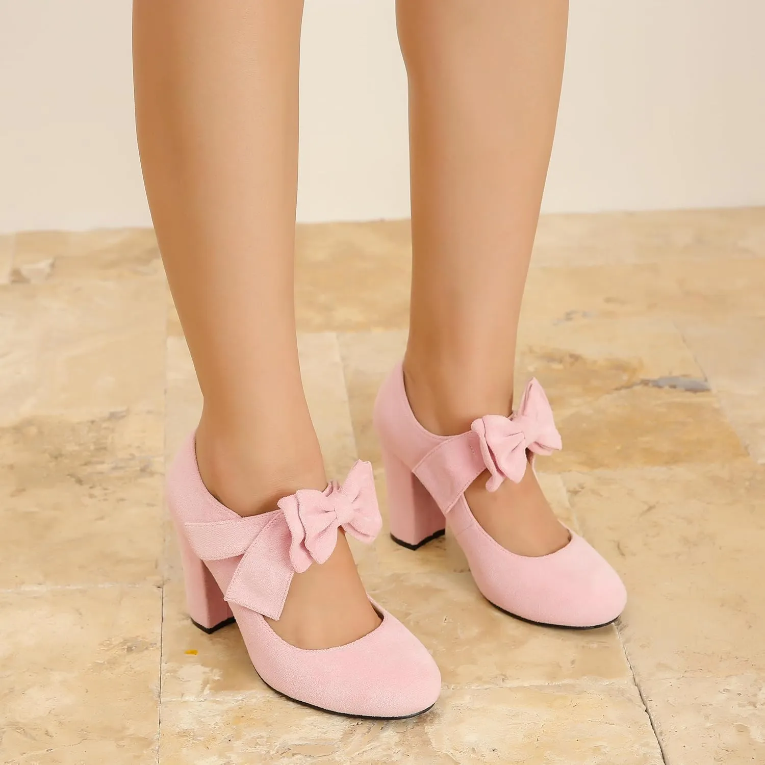MAIERNISI JESSI Women's Bowknot Mary Jane Block Heel Round Pumps Closed Toe Dress Shoes