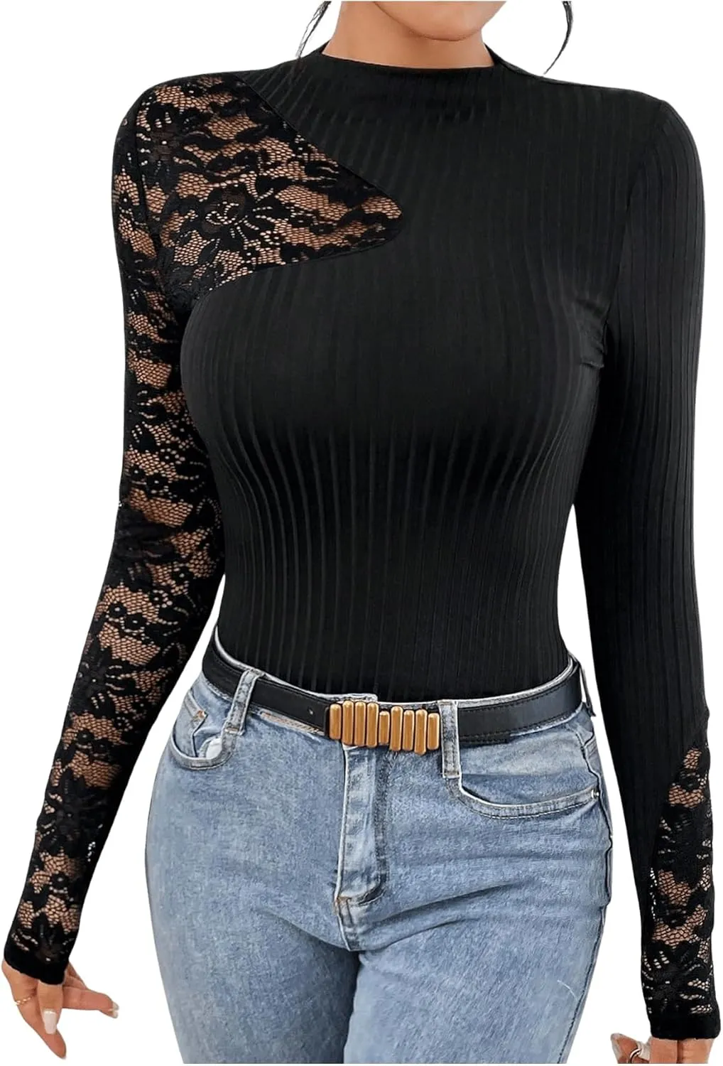 MakeMeChic Women's Floral Lace Long Sleeve Mock Neck Rib Knitted Asymmetrical Tee Shirt Tops