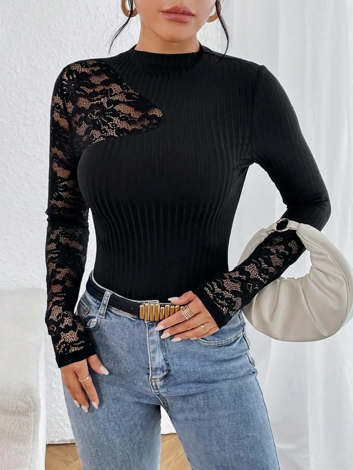 MakeMeChic Women's Floral Lace Long Sleeve Mock Neck Rib Knitted Asymmetrical Tee Shirt Tops