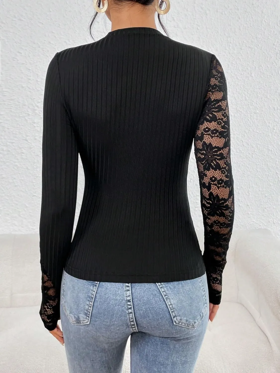 MakeMeChic Women's Floral Lace Long Sleeve Mock Neck Rib Knitted Asymmetrical Tee Shirt Tops