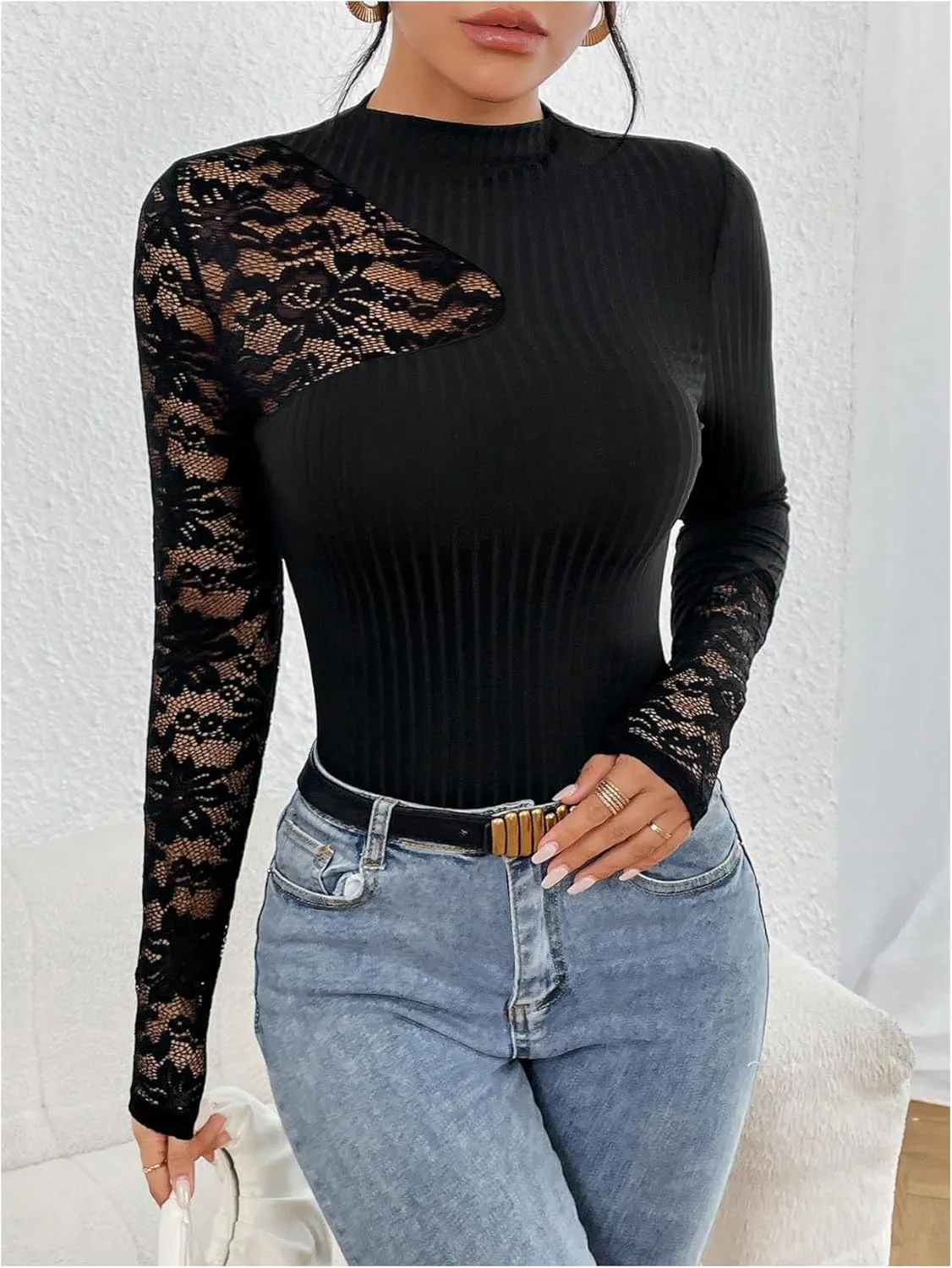 MakeMeChic Women's Floral Lace Long Sleeve Mock Neck Rib Knitted Asymmetrical Tee Shirt Tops