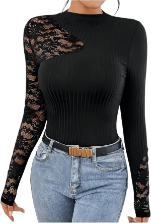 MakeMeChic Women's Floral Lace Long Sleeve Mock Neck Rib Knitted Asymmetrical Tee Shirt Tops