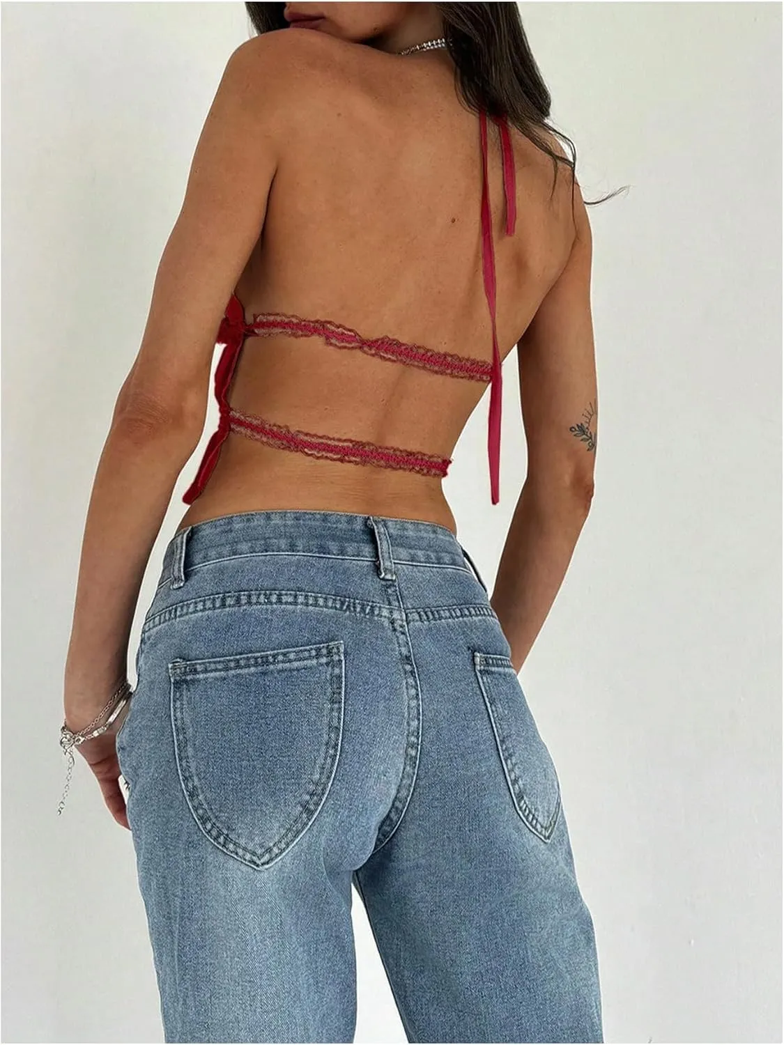 MakeMeChic Women's Ruffle Layered Halter Top Sleeveless Tie Back Y2K Crop Tops