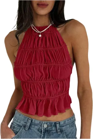MakeMeChic Women's Ruffle Layered Halter Top Sleeveless Tie Back Y2K Crop Tops