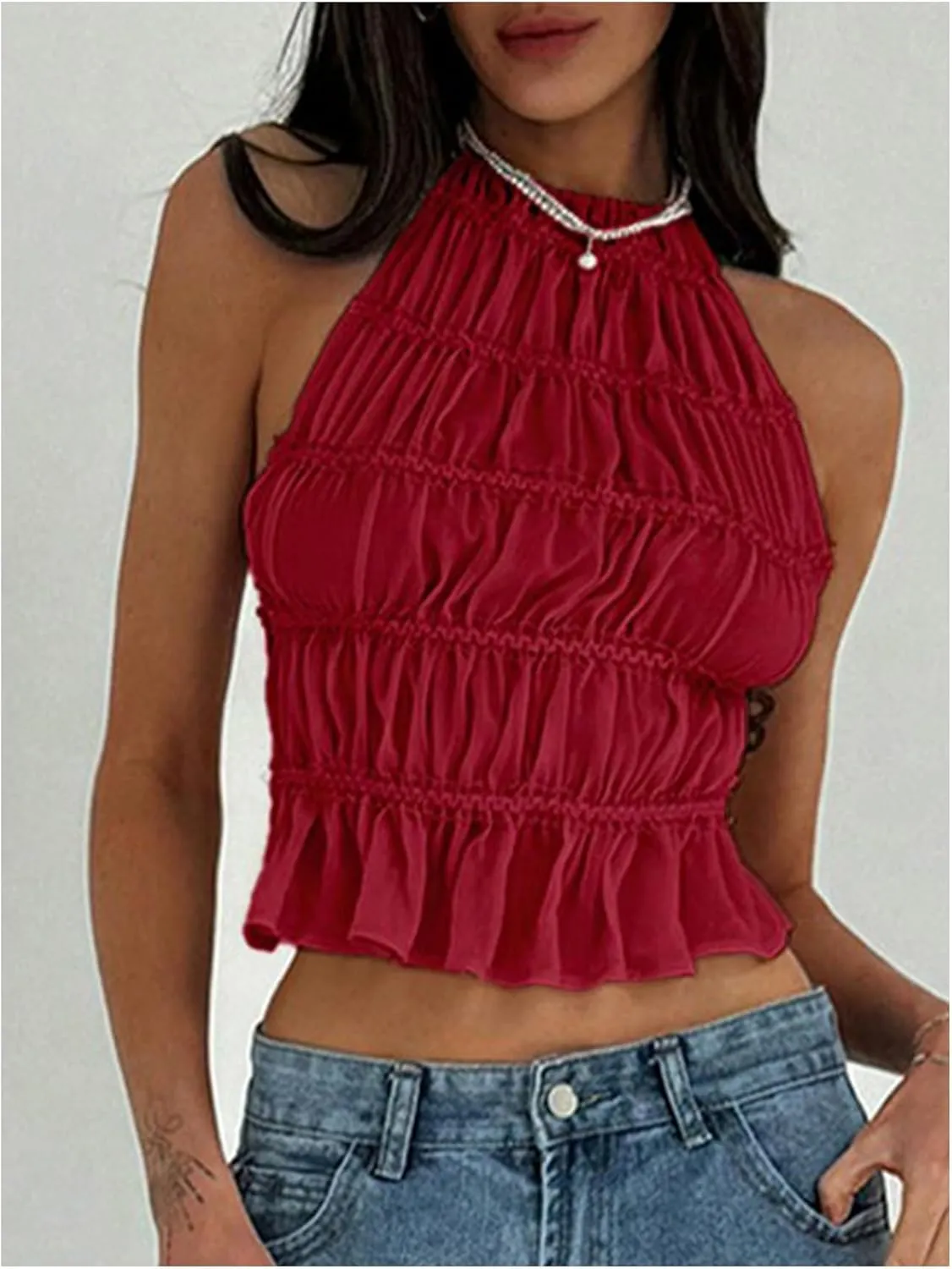 MakeMeChic Women's Ruffle Layered Halter Top Sleeveless Tie Back Y2K Crop Tops