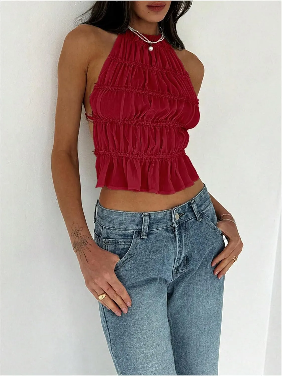 MakeMeChic Women's Ruffle Layered Halter Top Sleeveless Tie Back Y2K Crop Tops