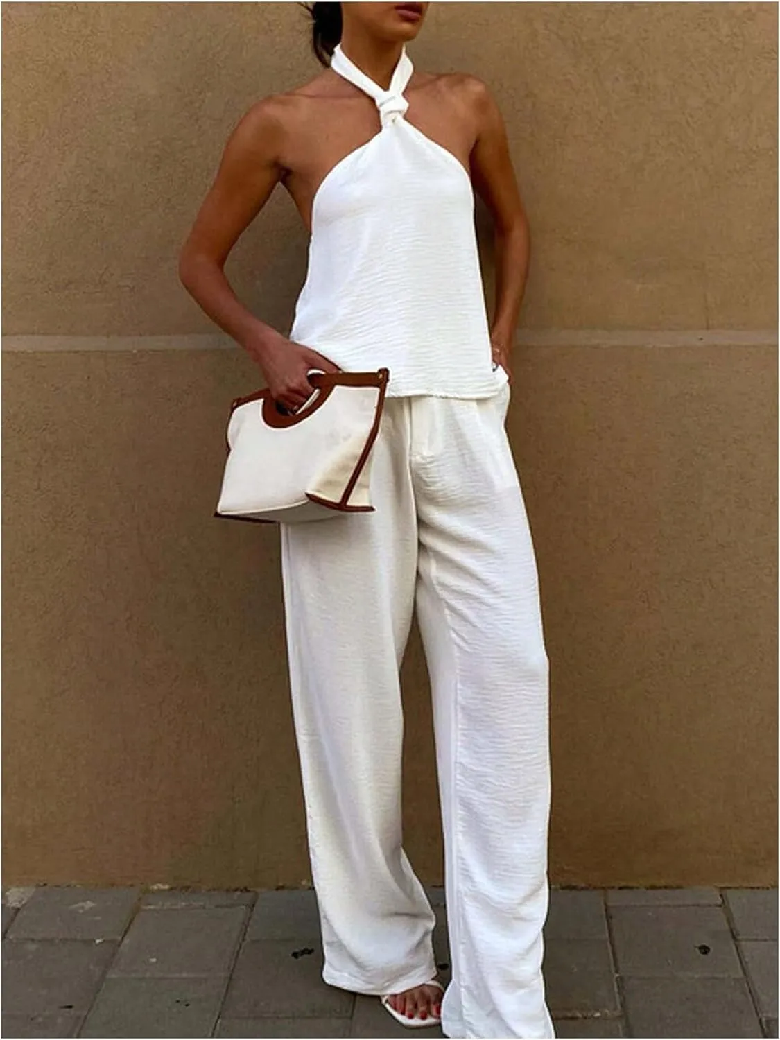 MakeMeChic Women's Summer Halter Tops Criss Cross Casual Sleeveless Tie Backless Textured Shirt