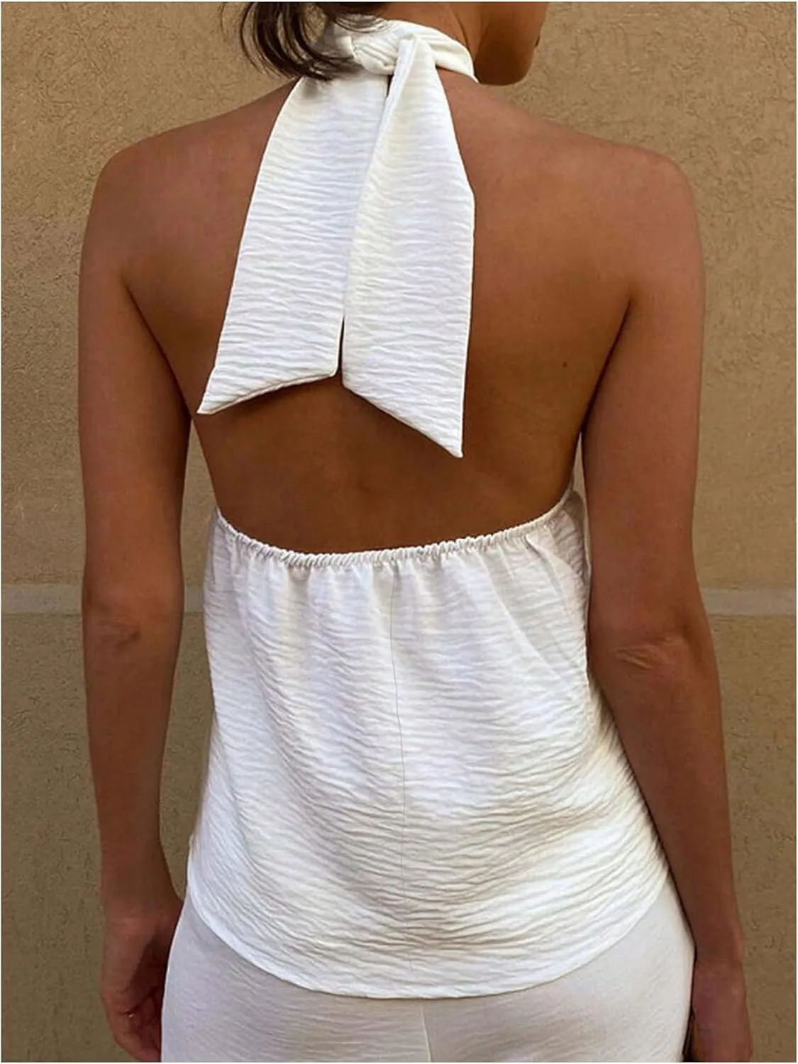 MakeMeChic Women's Summer Halter Tops Criss Cross Casual Sleeveless Tie Backless Textured Shirt