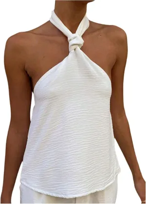 MakeMeChic Women's Summer Halter Tops Criss Cross Casual Sleeveless Tie Backless Textured Shirt