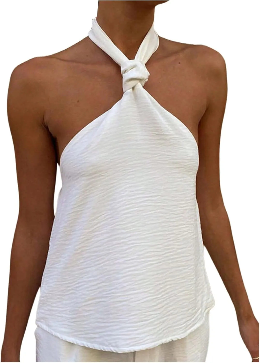 MakeMeChic Women's Summer Halter Tops Criss Cross Casual Sleeveless Tie Backless Textured Shirt