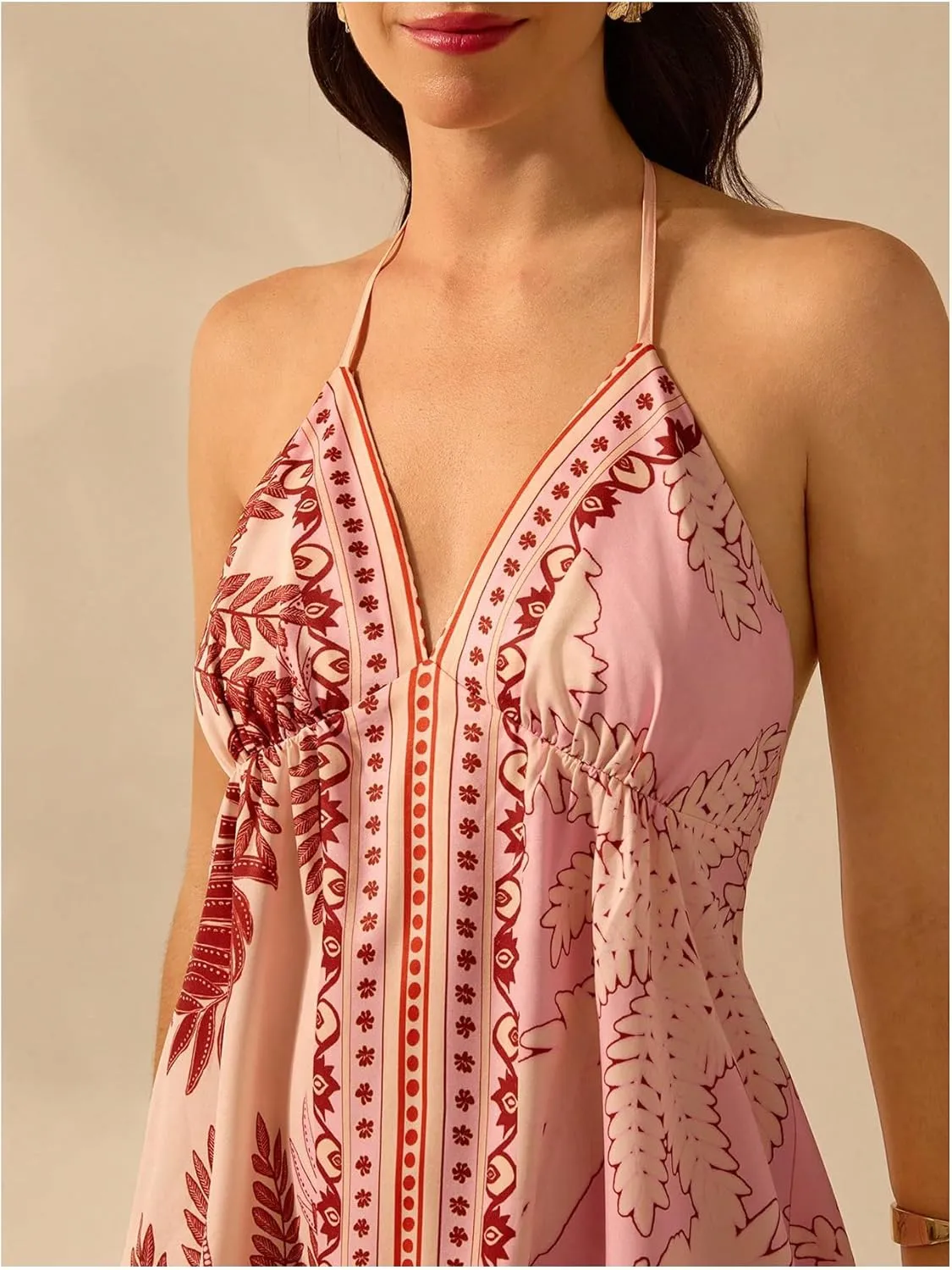 MakeMeChic Women's Tropical Print A Line Mini Dress Halter Ruched Spaghetti Strap Cami Dresses