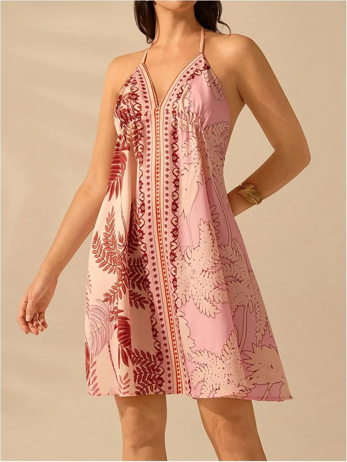 MakeMeChic Women's Tropical Print A Line Mini Dress Halter Ruched Spaghetti Strap Cami Dresses