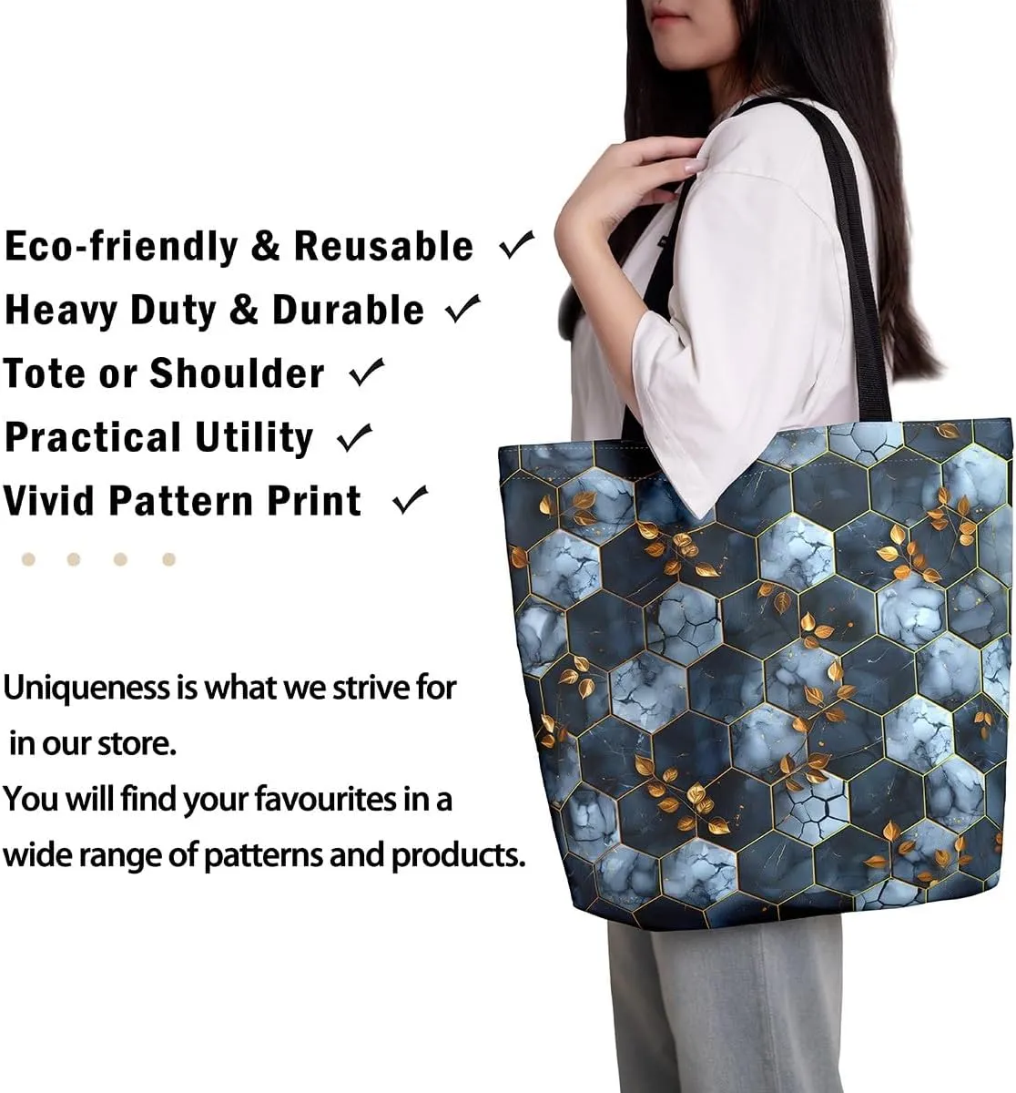 Marble Honeycomb Canvas Tote Bag,Modern Geometric Aesthetic Shoulder Handbags for Shopping Gym