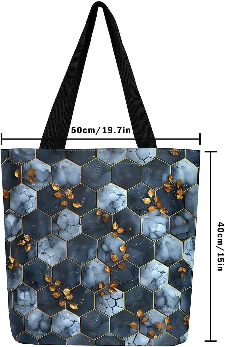 Marble Honeycomb Canvas Tote Bag,Modern Geometric Aesthetic Shoulder Handbags for Shopping Gym