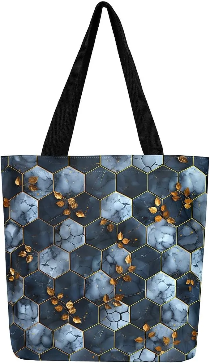 Marble Honeycomb Canvas Tote Bag,Modern Geometric Aesthetic Shoulder Handbags for Shopping Gym