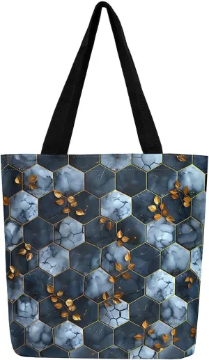 Marble Honeycomb Canvas Tote Bag,Modern Geometric Aesthetic Shoulder Handbags for Shopping Gym