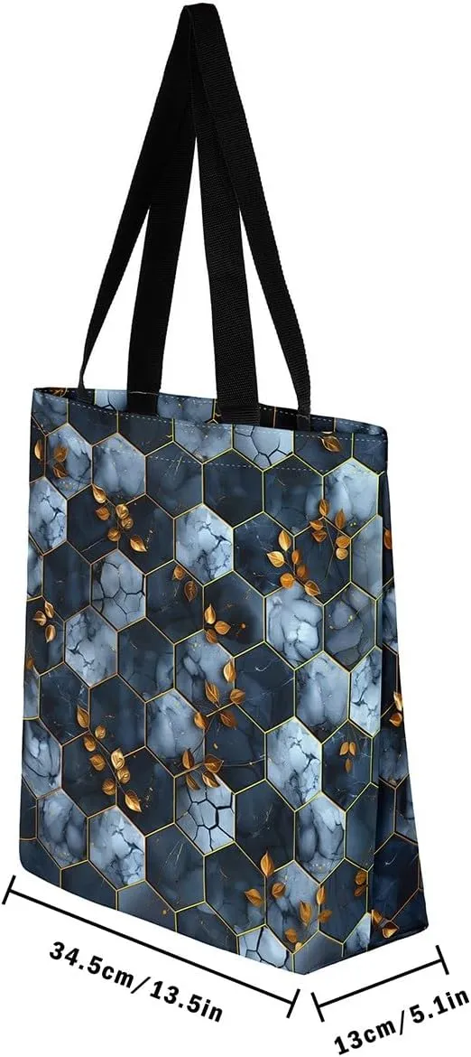 Marble Honeycomb Canvas Tote Bag,Modern Geometric Aesthetic Shoulder Handbags for Shopping Gym