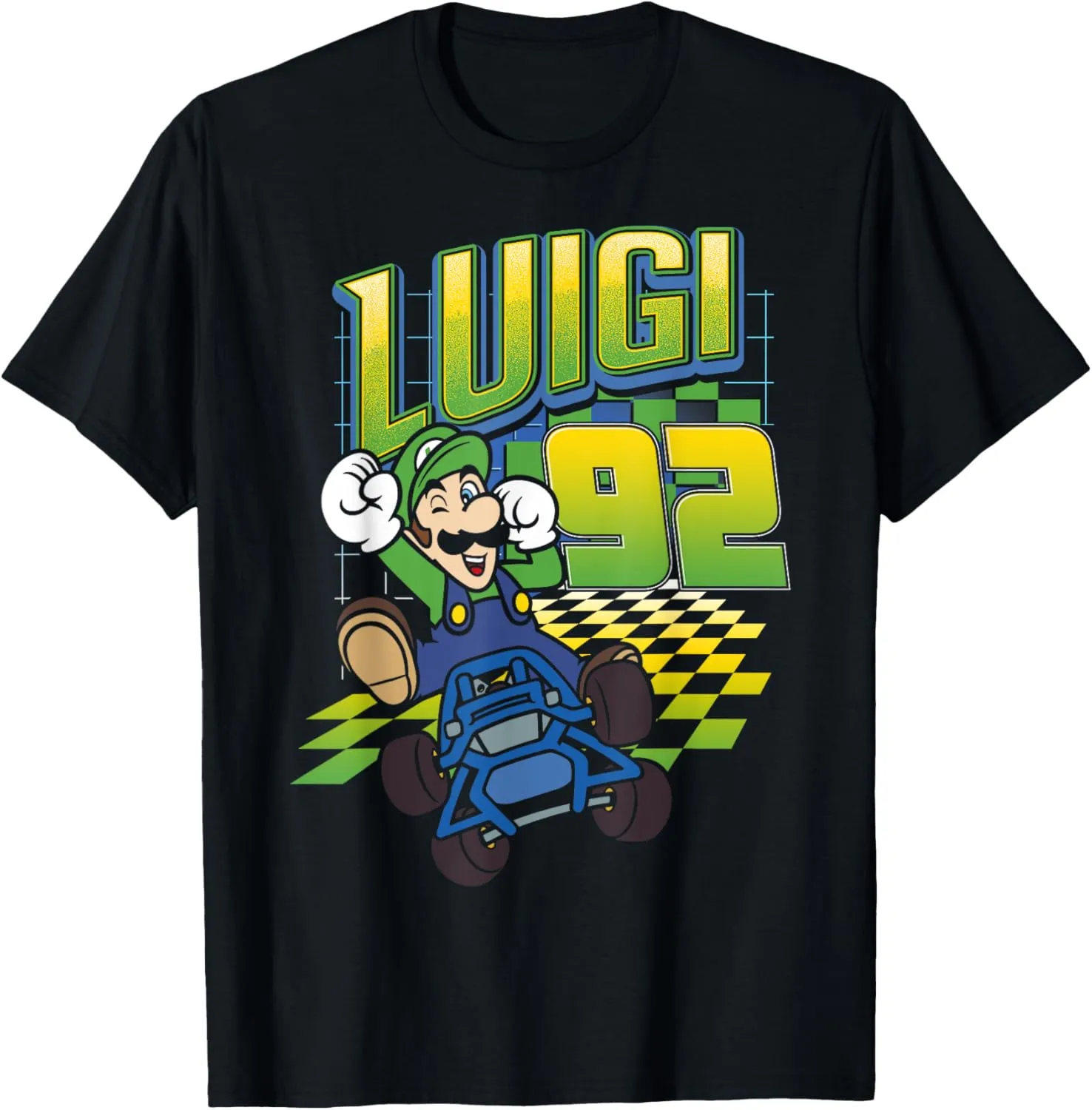 Mario Kart Luigi Neon Checkered 92 Logo T-Shirt