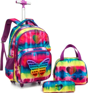 Meetbelify Rolling Backpack for Girls School Bag with Wheels for Elementary Student Kids Cute Travel Luggage with Lunch Box Pencil Case for Girls 8-10