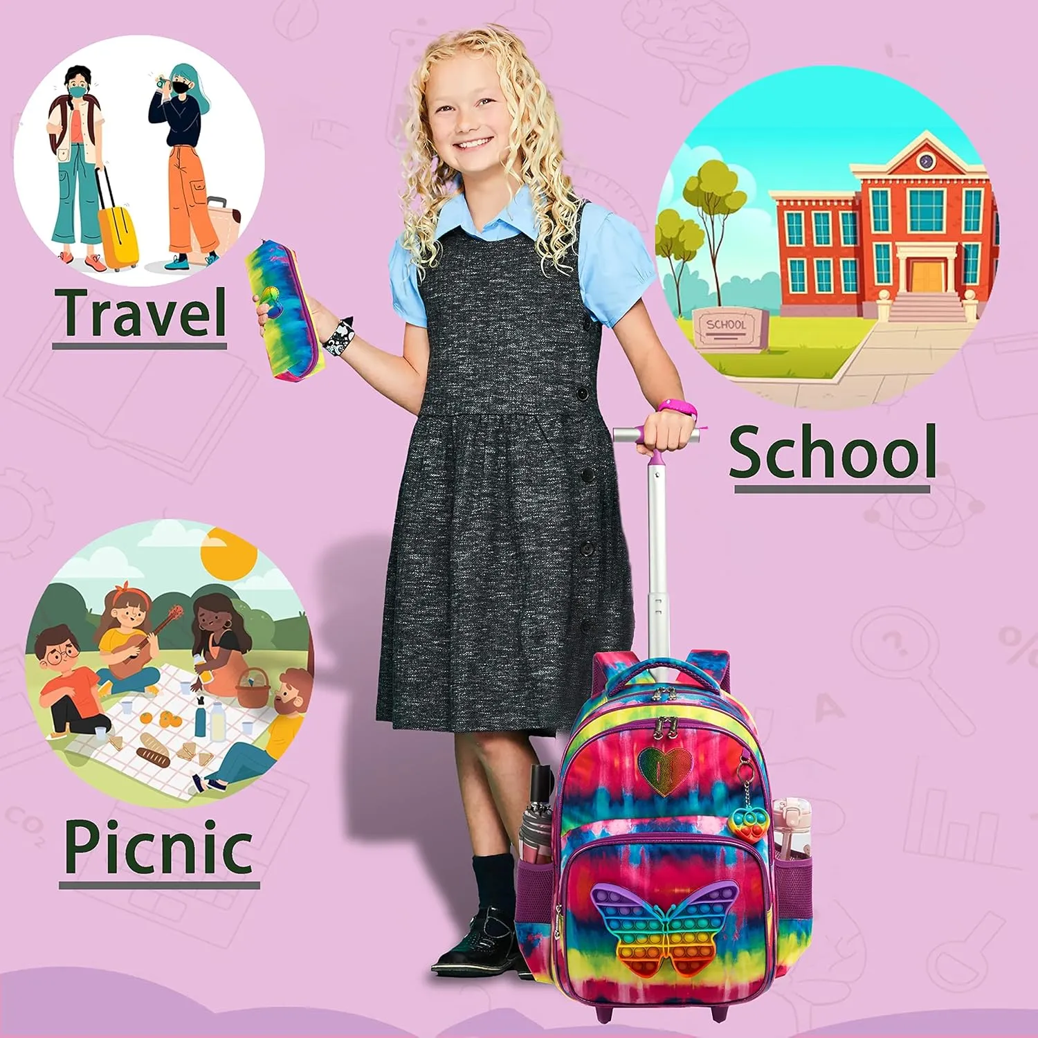 Meetbelify Rolling Backpack for Girls School Bag with Wheels for Elementary Student Kids Cute Travel Luggage with Lunch Box Pencil Case for Girls 8-10