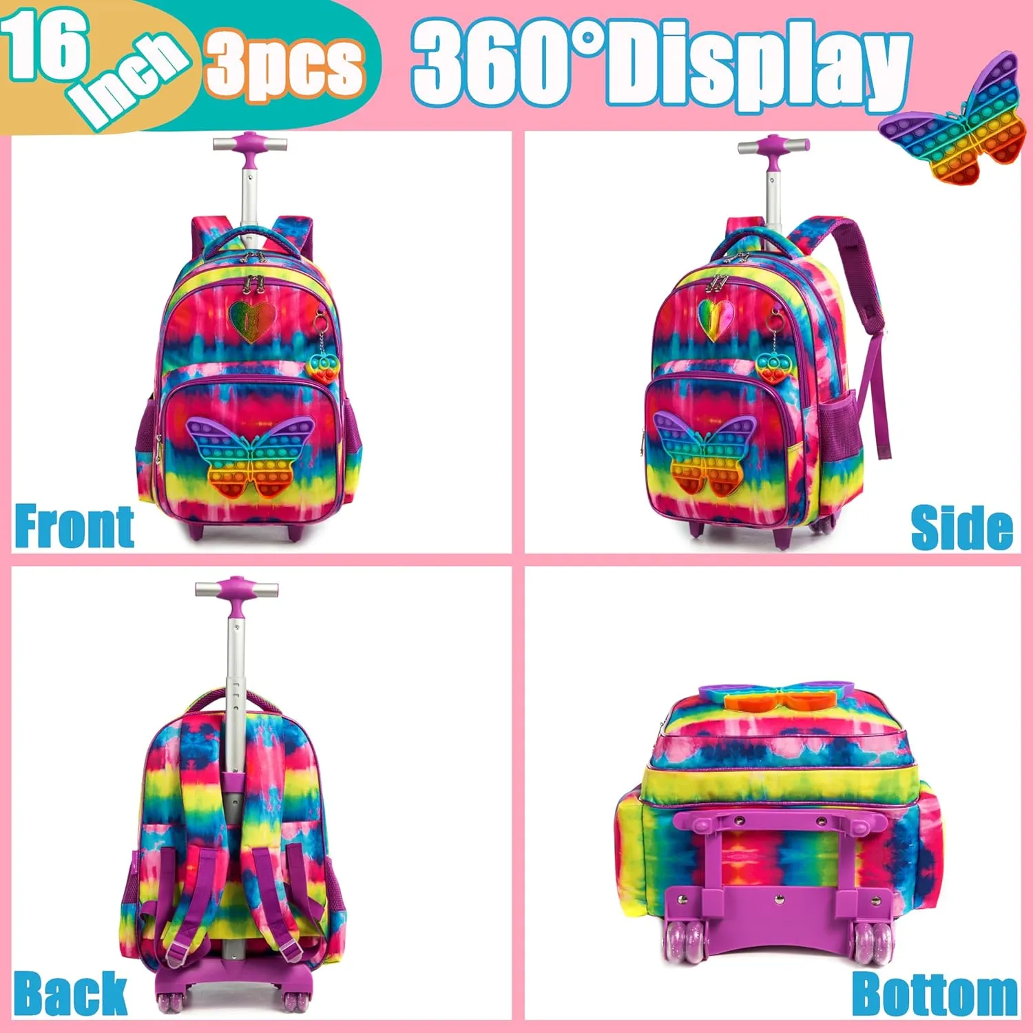 Meetbelify Rolling Backpack for Girls School Bag with Wheels for Elementary Student Kids Cute Travel Luggage with Lunch Box Pencil Case for Girls 8-10