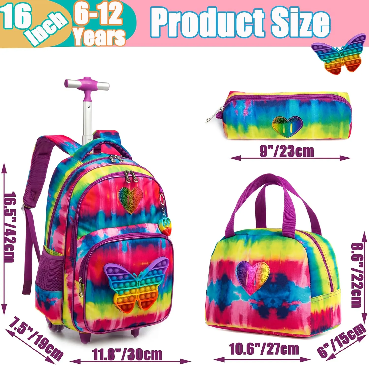 Meetbelify Rolling Backpack for Girls School Bag with Wheels for Elementary Student Kids Cute Travel Luggage with Lunch Box Pencil Case for Girls 8-10