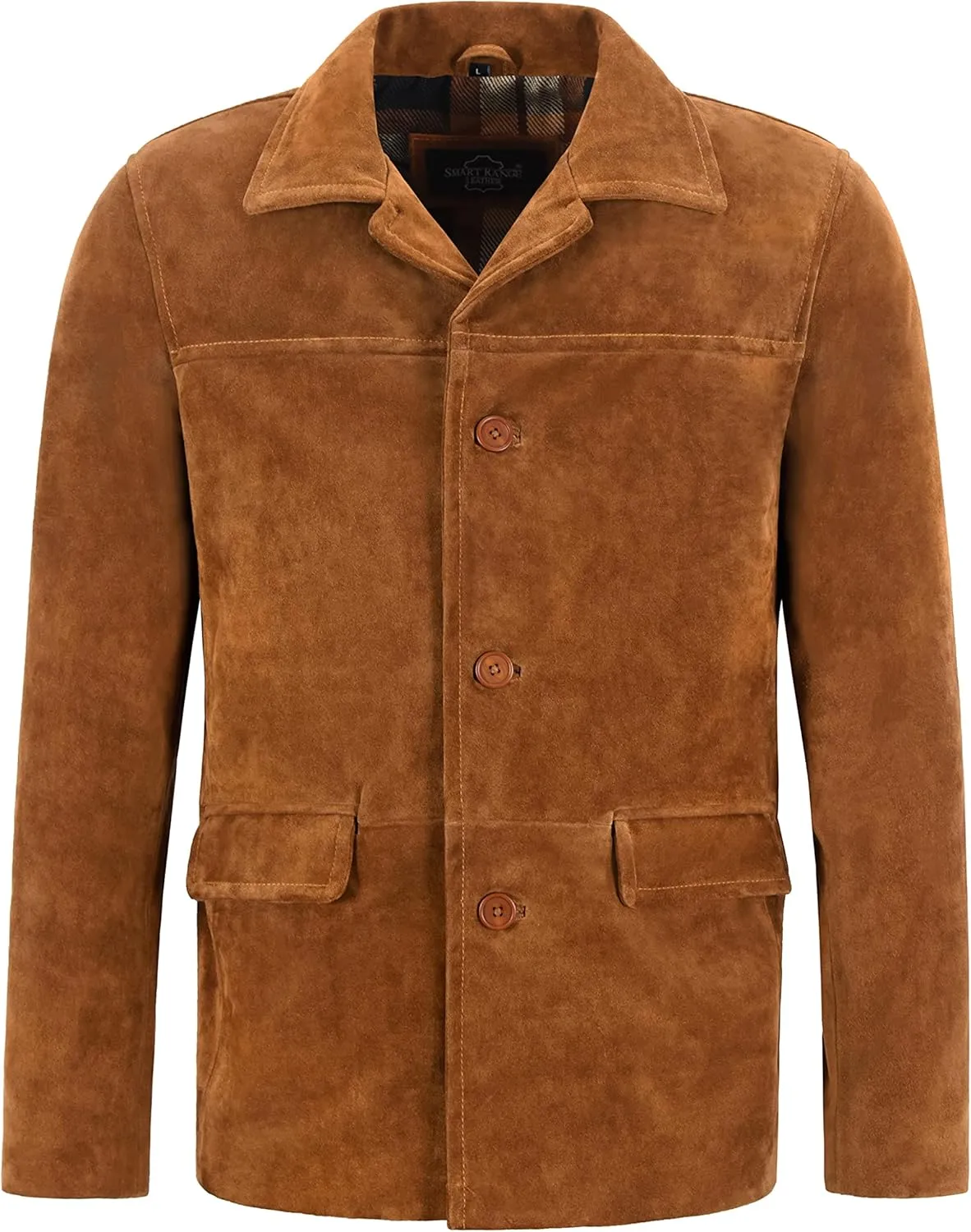 Men's Classic Collar Cow Suede Leather Box Button Fashion Coat Jacket Brant 7742 (L, Black)