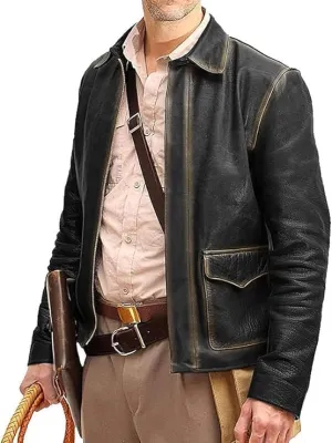 Men's Raiders of The Lost Harrison Jones Vintage Black Brown Bomber Leather Jacket Genuine Cowhide Distressed Leather Jacket (US, Alpha, XX-Large, Regular, Regular, Distressed Black)