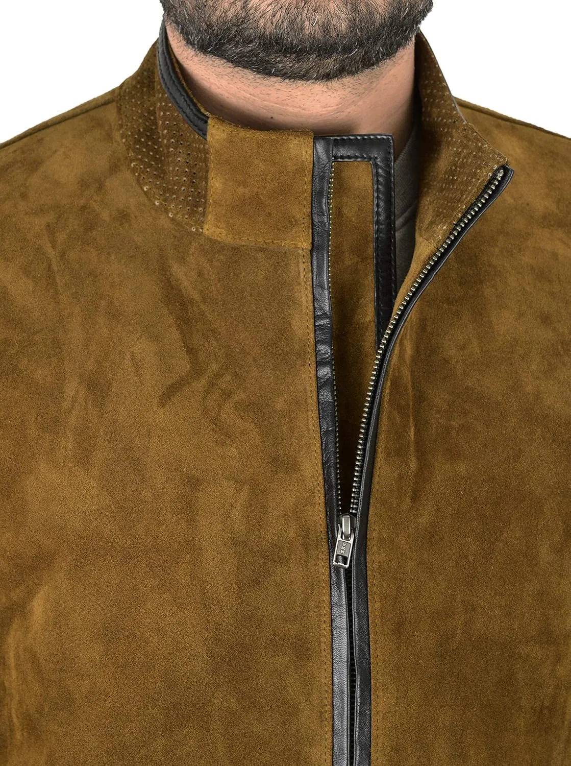 Men's SUEDE LEATHER Biker Jacket Khaki Green Classic Fashion Racer Jacket 4355