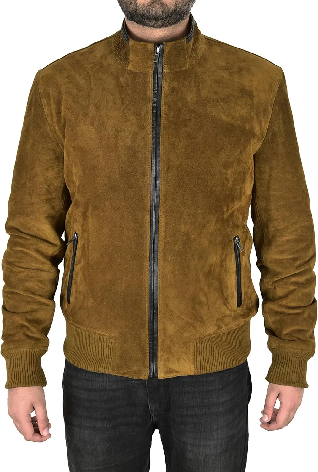 Men's SUEDE LEATHER Biker Jacket Khaki Green Classic Fashion Racer Jacket 4355