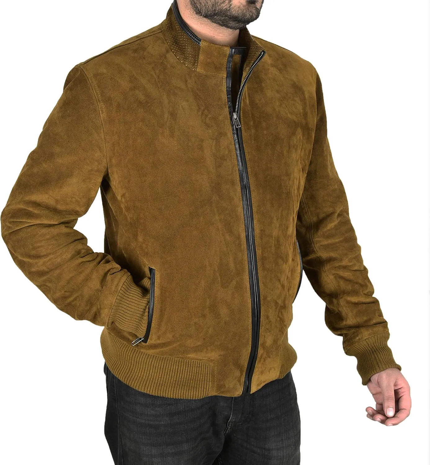 Men's SUEDE LEATHER Biker Jacket Khaki Green Classic Fashion Racer Jacket 4355