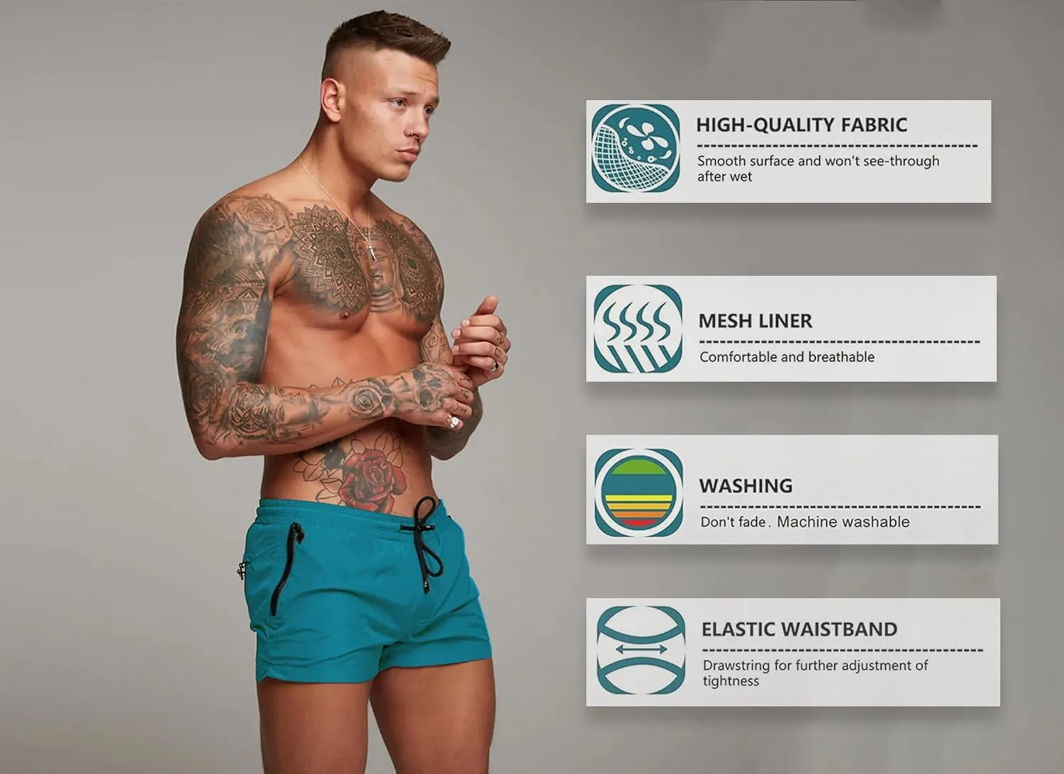 Mens Swim Trunks Quick Dry Swimwear Zipper Pockets, Swim Shorts with Mesh Lining