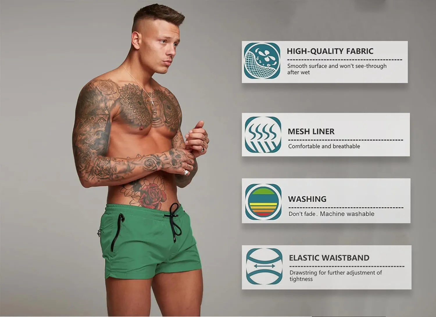 Mens Swim Trunks Quick Dry Swimwear Zipper Pockets, Swim Shorts with Mesh Lining