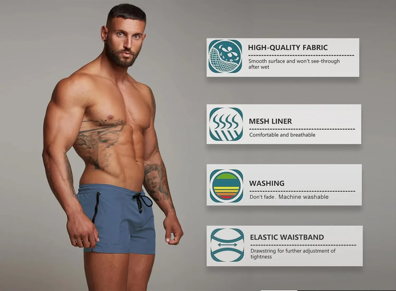 Mens Swim Trunks Quick Dry Swimwear Zipper Pockets, Swim Shorts with Mesh Lining