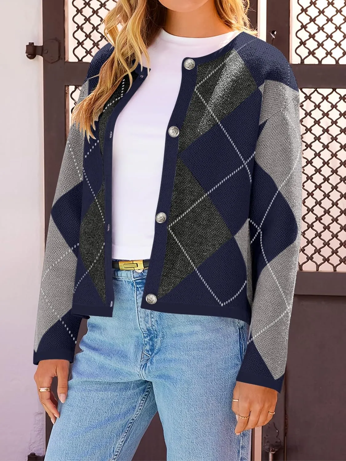 MEROKEETY Women's Long Sleeve Cardigan Sweaters 2024 Trendy Open Front Checkered Knit Button Up Jackets