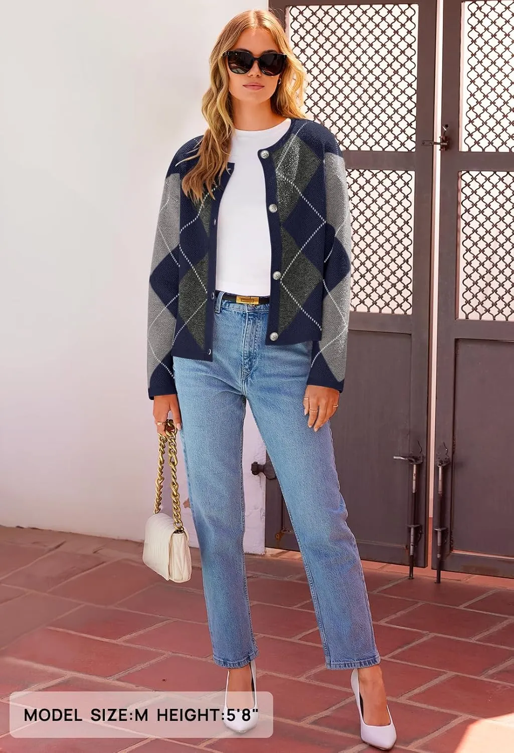 MEROKEETY Women's Long Sleeve Cardigan Sweaters 2024 Trendy Open Front Checkered Knit Button Up Jackets