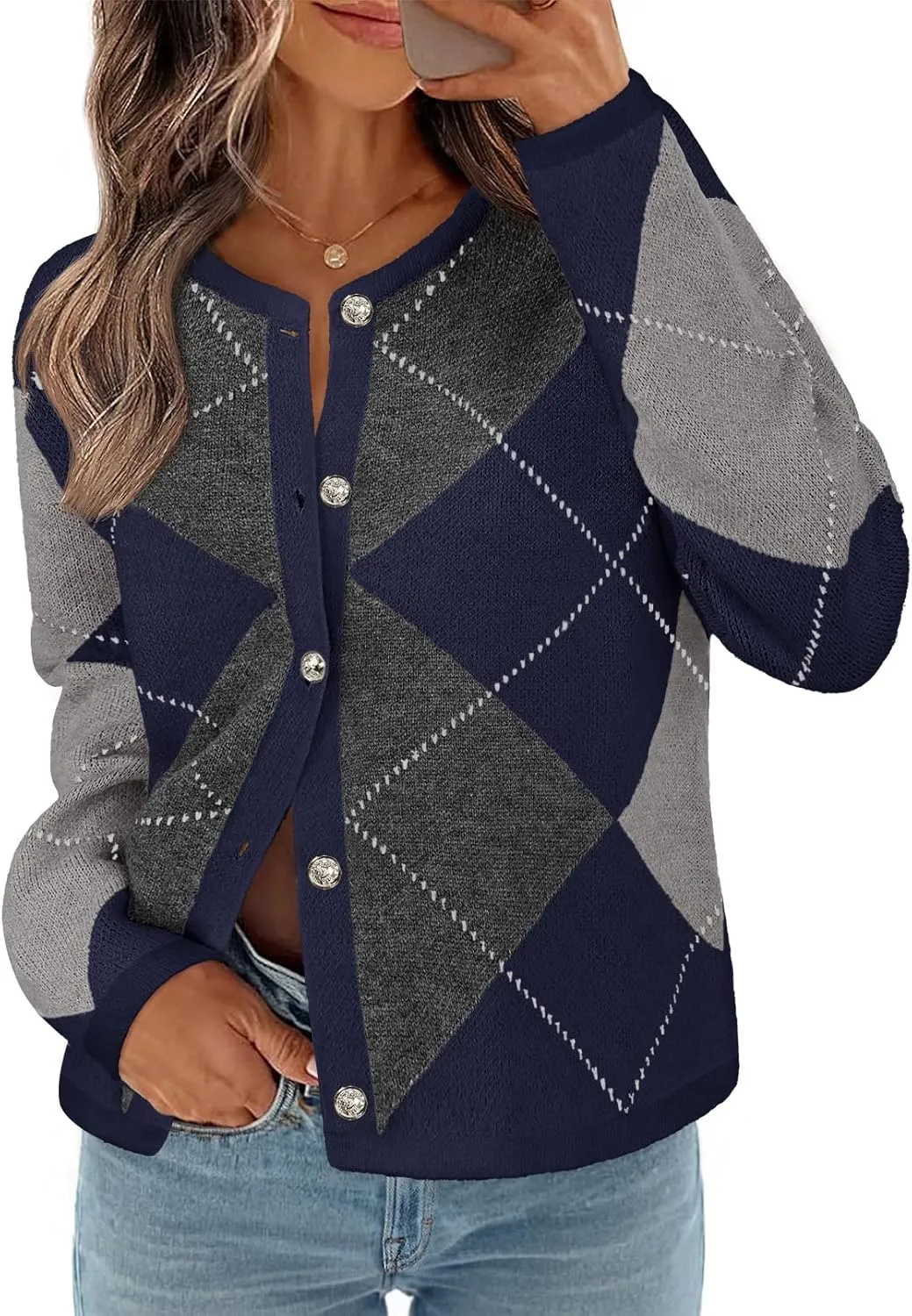 MEROKEETY Women's Long Sleeve Cardigan Sweaters 2024 Trendy Open Front Checkered Knit Button Up Jackets