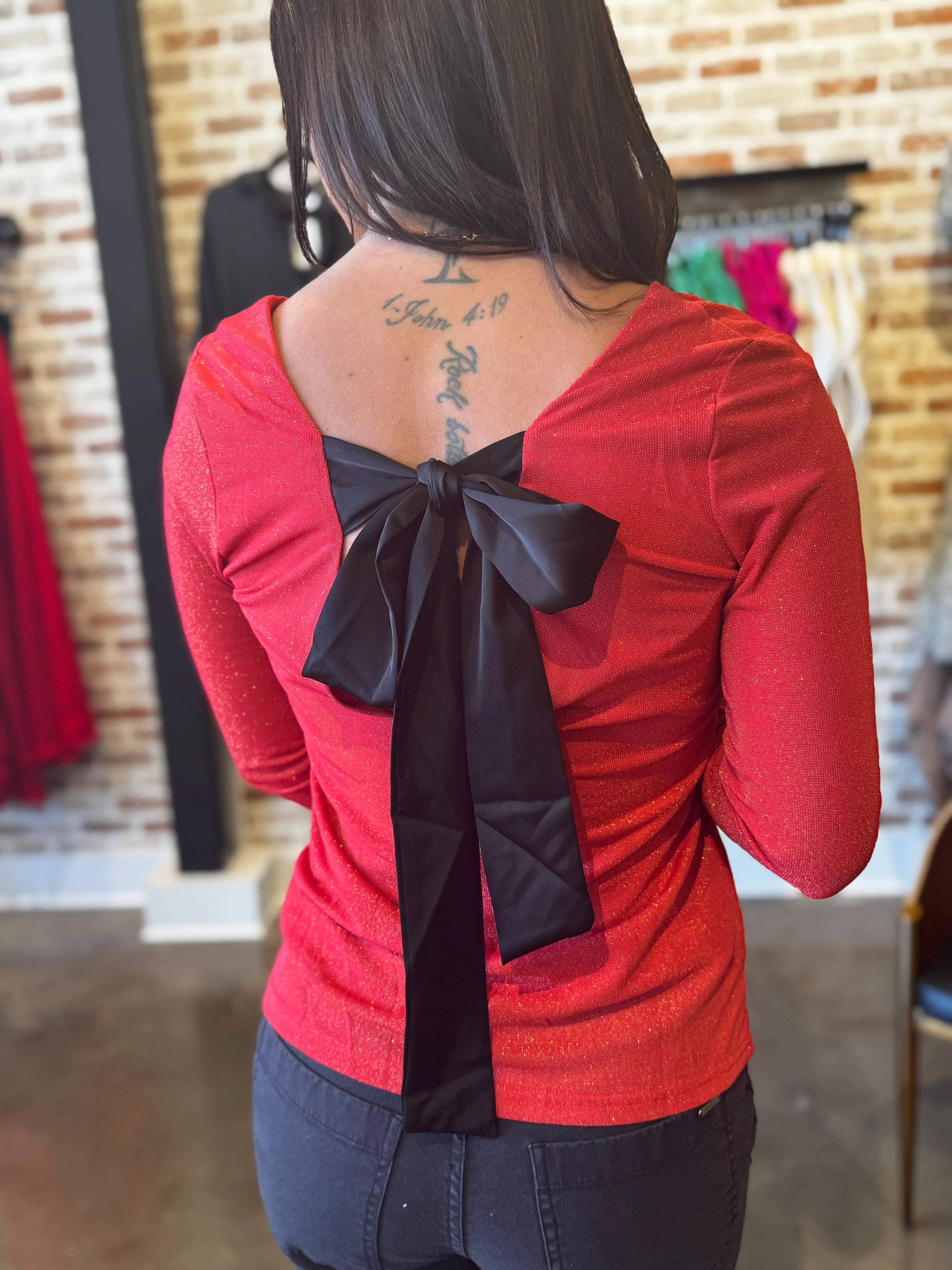 Metallic Bowknot Open Back V Neck Top