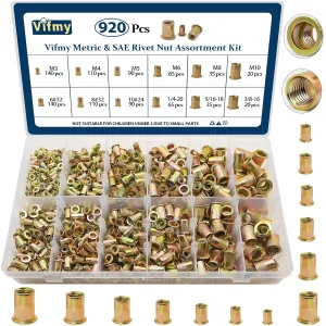Metric & SAE Rivet Nut Assortment Kit(920 Pcs), M3 M4 M5 M6 M8 M10#6-32#8-32#10-24 1/4"-20 5/16"-18 3/8"-16 UNC Flat Head Rivnut Set, Zinc Plated Finish Carbon Steel Nutsert