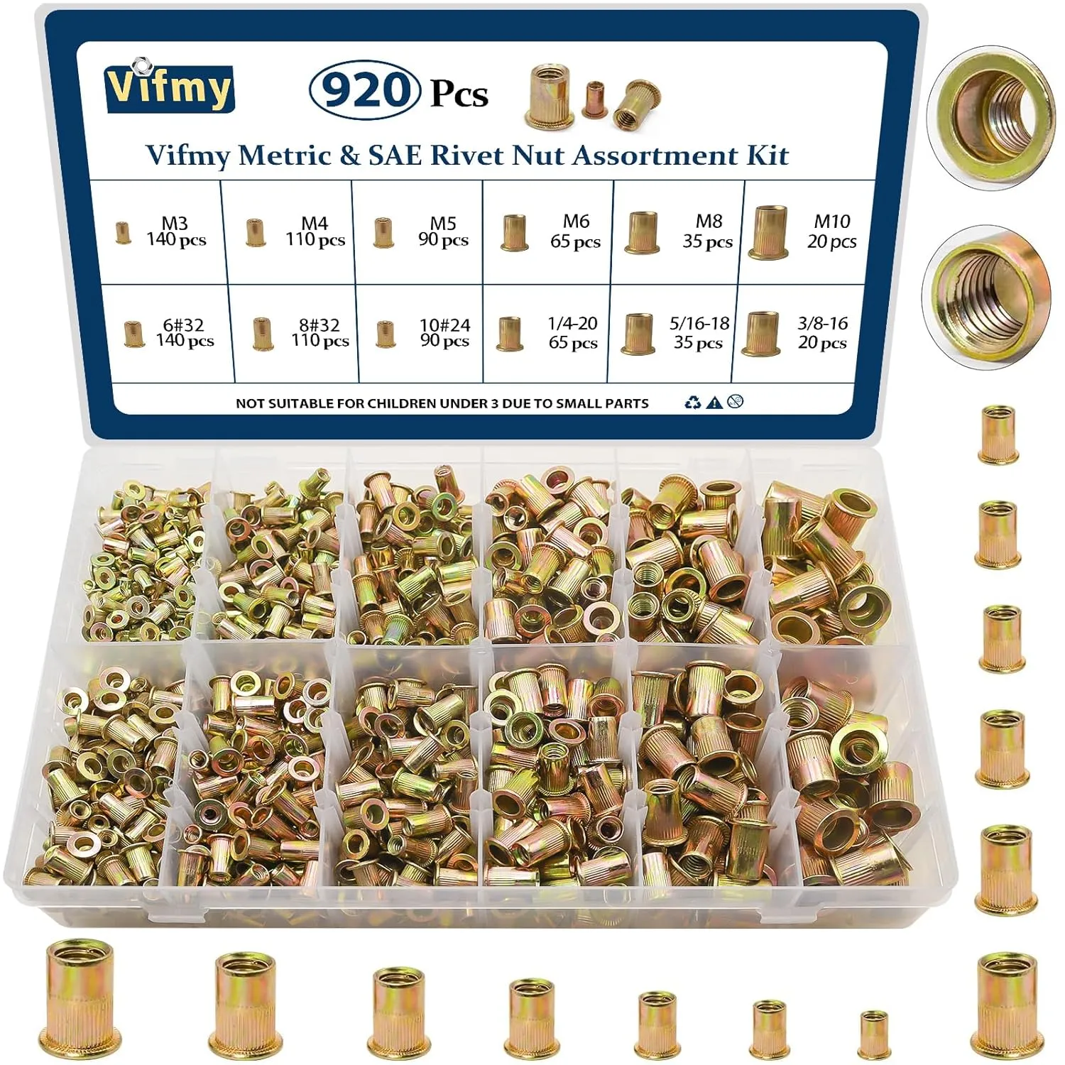 Metric & SAE Rivet Nut Assortment Kit(920 Pcs), M3 M4 M5 M6 M8 M10#6-32#8-32#10-24 1/4"-20 5/16"-18 3/8"-16 UNC Flat Head Rivnut Set, Zinc Plated Finish Carbon Steel Nutsert