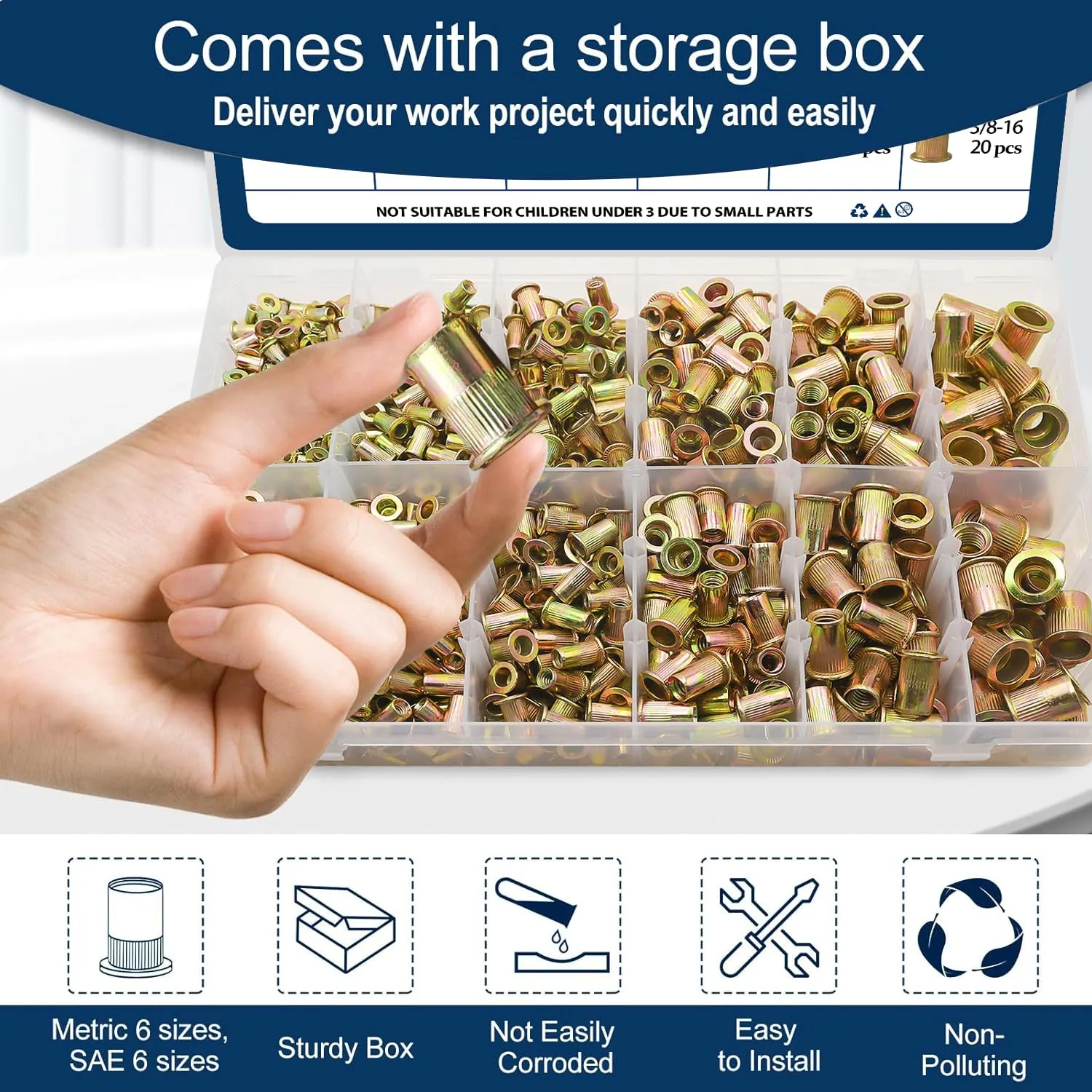 Metric & SAE Rivet Nut Assortment Kit(920 Pcs), M3 M4 M5 M6 M8 M10#6-32#8-32#10-24 1/4"-20 5/16"-18 3/8"-16 UNC Flat Head Rivnut Set, Zinc Plated Finish Carbon Steel Nutsert