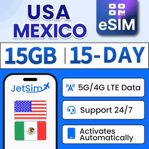 Mexico & USA [eSIM] 15GB High-Speed Data, Mobile Hotspot & Tethering, Instant Delivery, Auto-Activation, Uses T-Mobile, Verizon & AT&T, Prepaid Virtual SIM Card (15-Days)