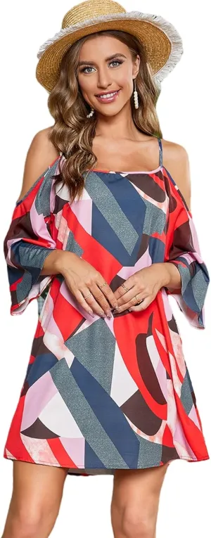 Milumia Women's Vintage Print Kimono Sleeve Geometric Tunic Boho Dress