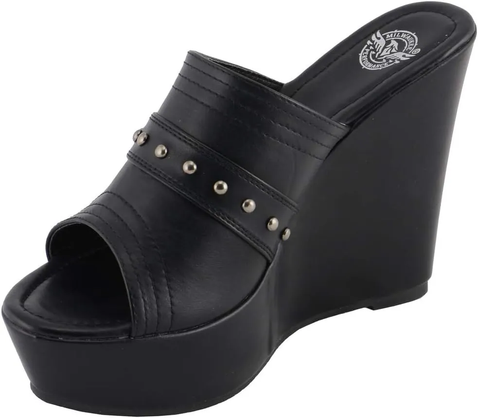 Milwaukee Leather MBL9408 Women's Black Open Toe Fashion Casual Platform Wedges with Rivet Details