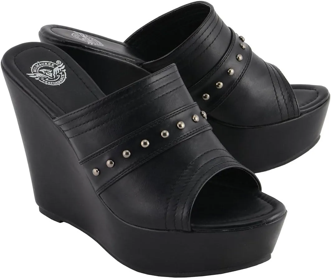 Milwaukee Leather MBL9408 Women's Black Open Toe Fashion Casual Platform Wedges with Rivet Details