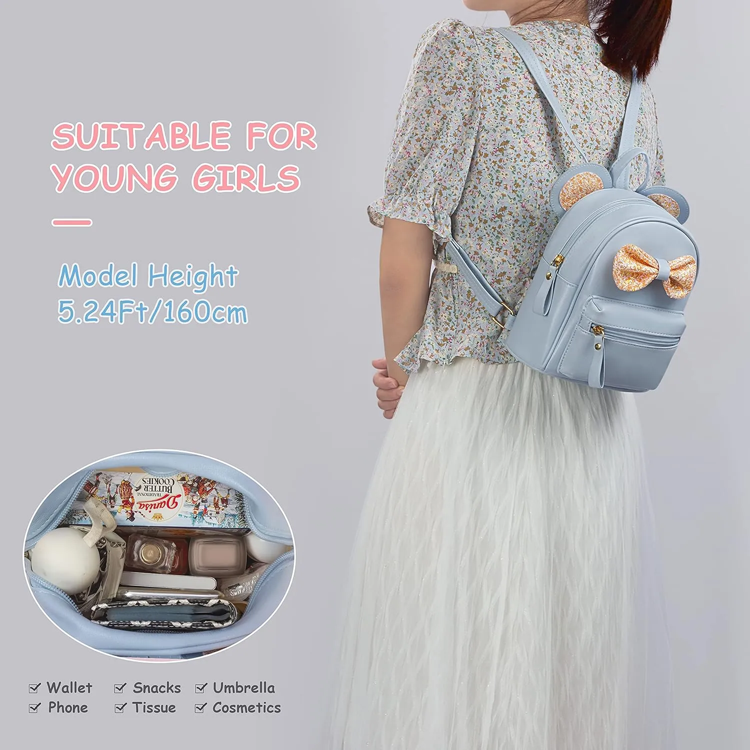 Mini Backpack for Girls with Cute Bowknot and Mouse Ears